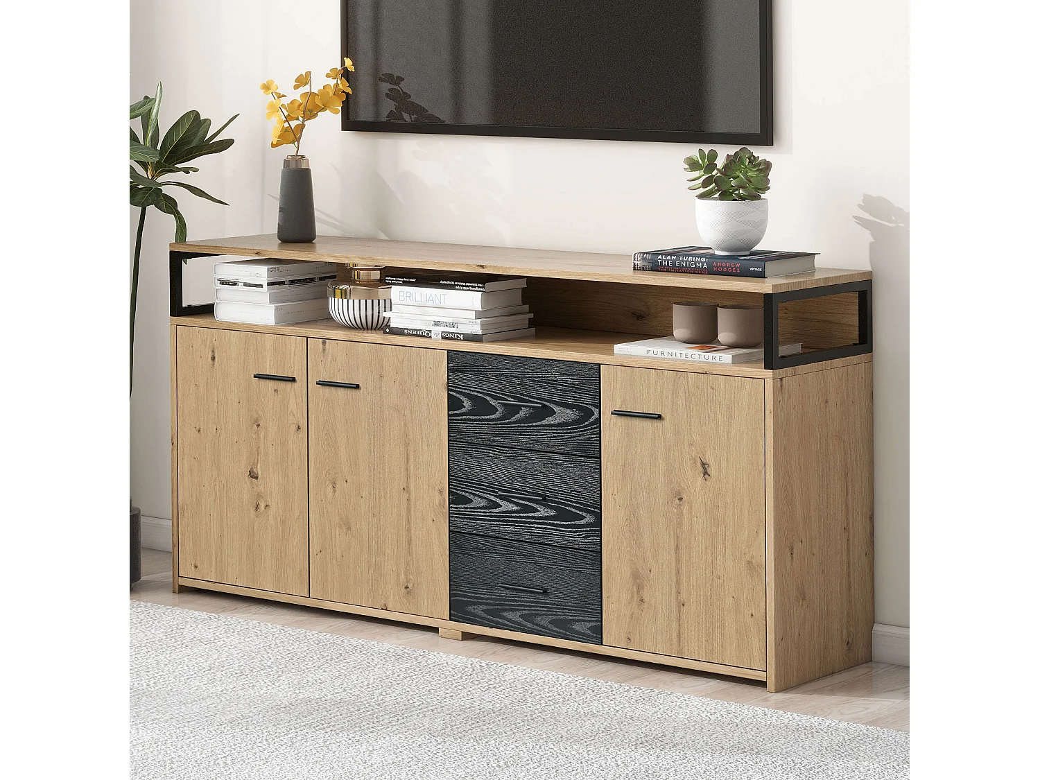 Buffet 150x35x75.9 cm, 3 portes et 3 tiroirs, étagères réglables, rangement ouvert, panneau de particules noir marron