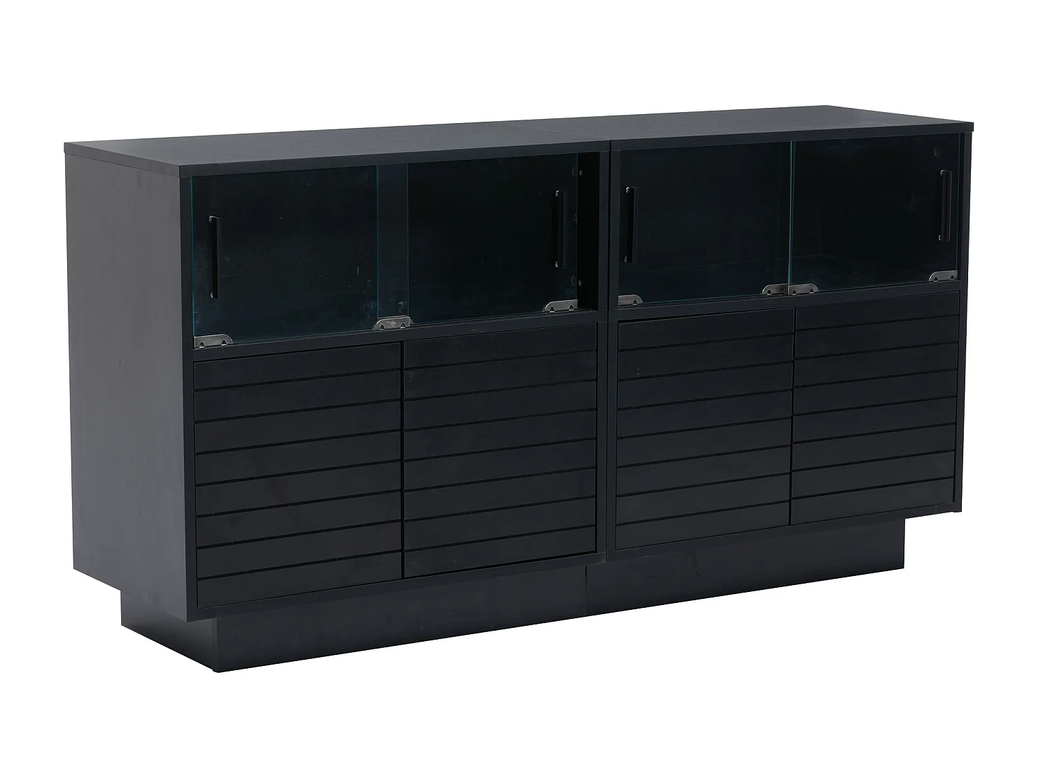 Buffet 130x35x68 cm, 4 portes coulissantes en verre, LED USB, grand rangement, panneaux de particules noir