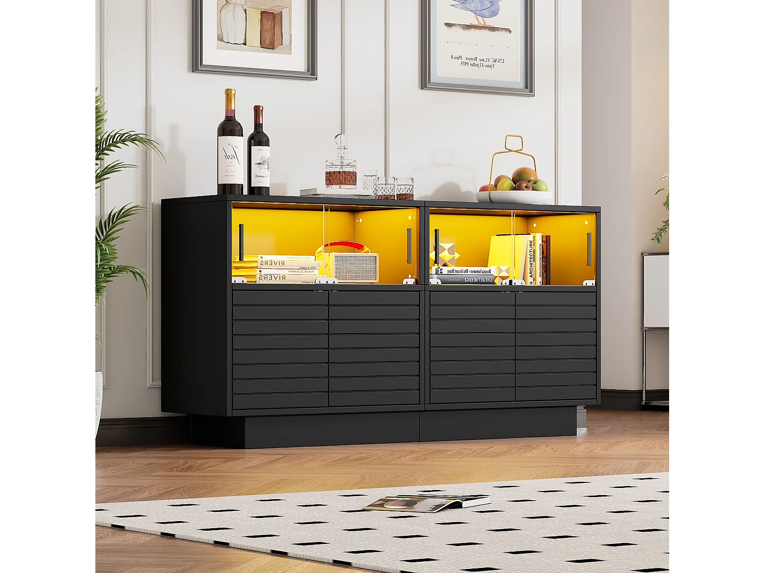 Buffet 130x35x68 cm, 4 portes coulissantes en verre, LED USB, grand rangement, panneaux de particules noir