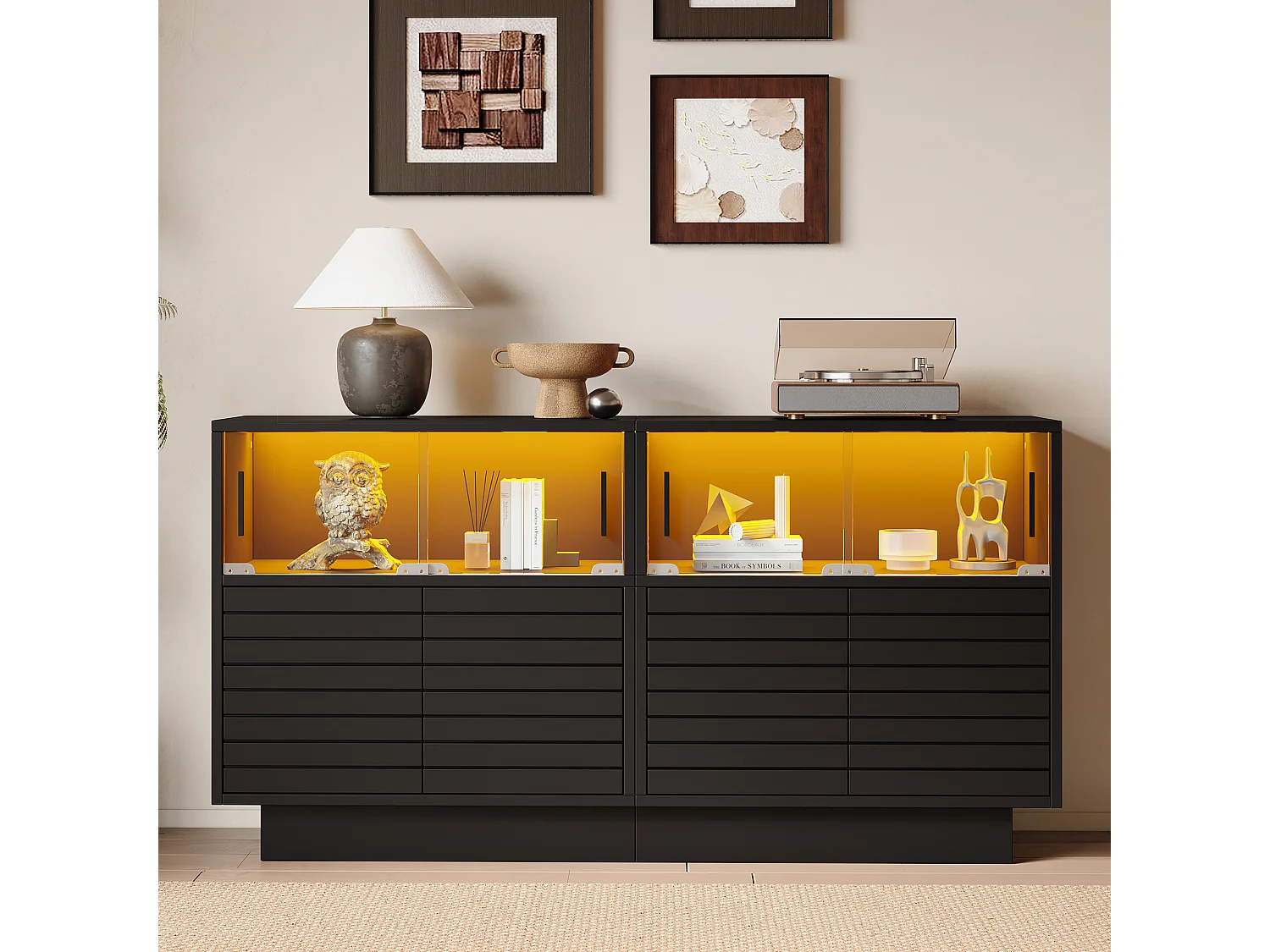 Buffet 130x35x68 cm, 4 portes coulissantes en verre, LED USB, grand rangement, panneaux de particules noir
