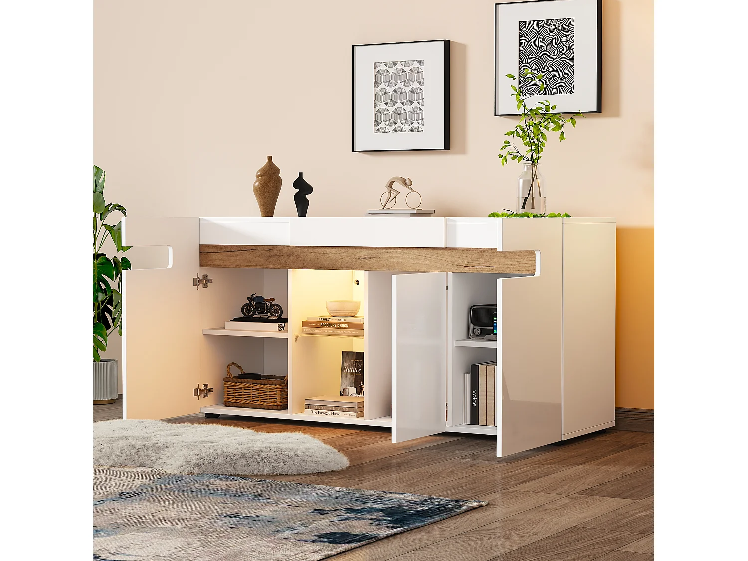 Buffet 140x40x70 cm LED avec 3 portes et étagères en verre - meuble de rangement en bois - blanc