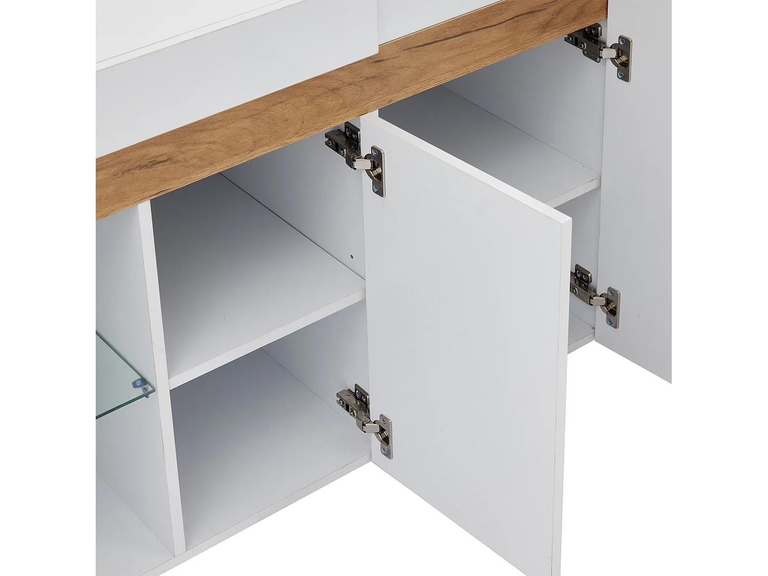 Buffet 140x40x70 cm LED avec 3 portes et étagères en verre - meuble de rangement en bois - blanc