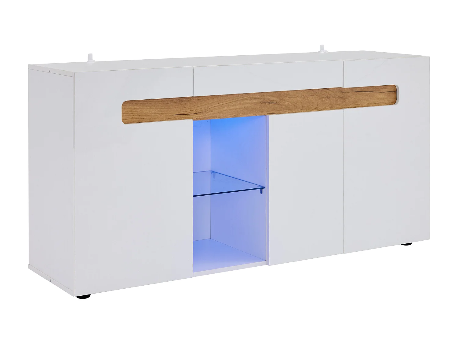 Buffet 3 portes 140x40x70 cm, LED par application, étagère en verre, façades brillantes, panneau de particules blanc et naturel