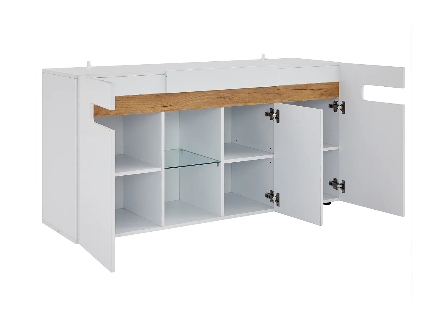Buffet 3 portes 140x40x70 cm, LED par application, étagère en verre, façades brillantes, panneau de particules blanc et naturel