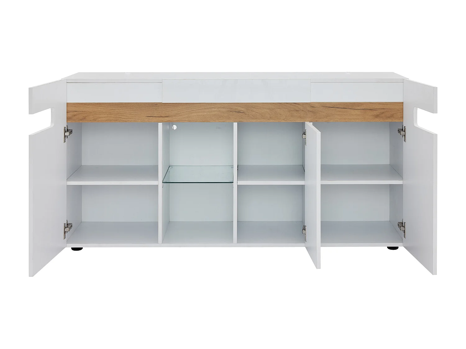 Buffet 3 portes 140x40x70 cm, LED par application, étagère en verre, façades brillantes, panneau de particules blanc et naturel
