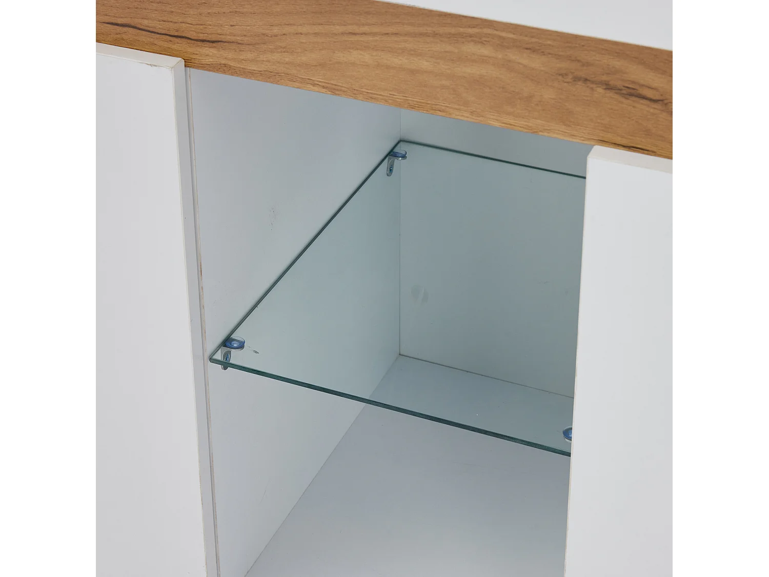 Buffet 3 portes 140x40x70 cm, LED par application, étagère en verre, façades brillantes, panneau de particules blanc et naturel