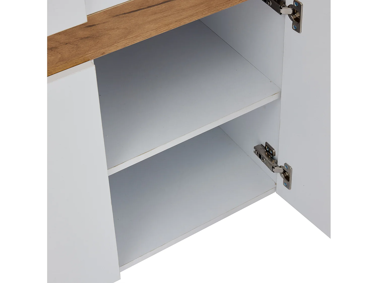 Buffet 3 portes 140x40x70 cm, LED par application, étagère en verre, façades brillantes, panneau de particules blanc et naturel