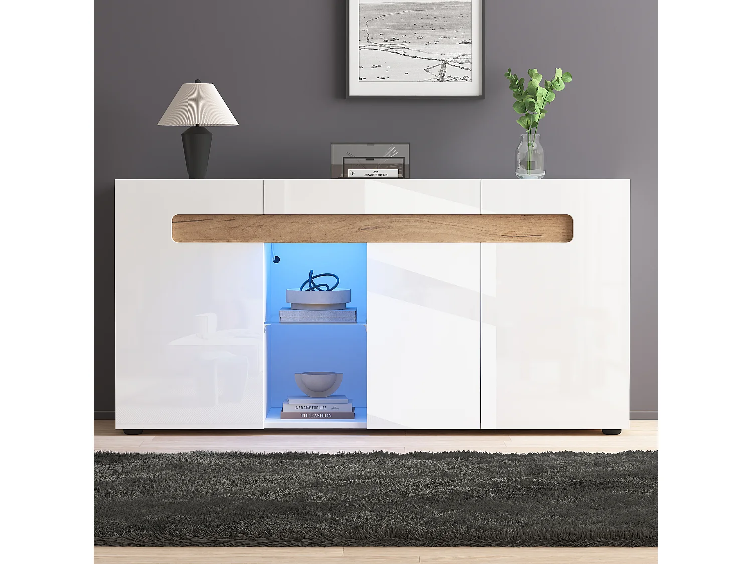 Buffet 3 portes 140x40x70 cm, LED par application, étagère en verre, façades brillantes, panneau de particules blanc et naturel