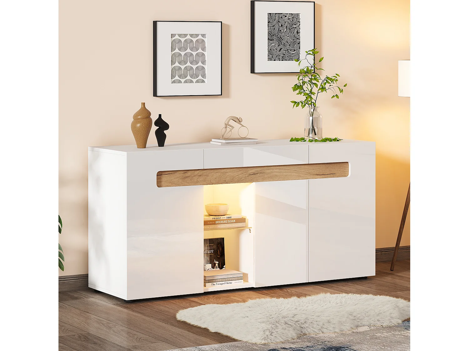 Buffet 3 portes 140x40x70 cm, LED par application, étagère en verre, façades brillantes, panneau de particules blanc et naturel