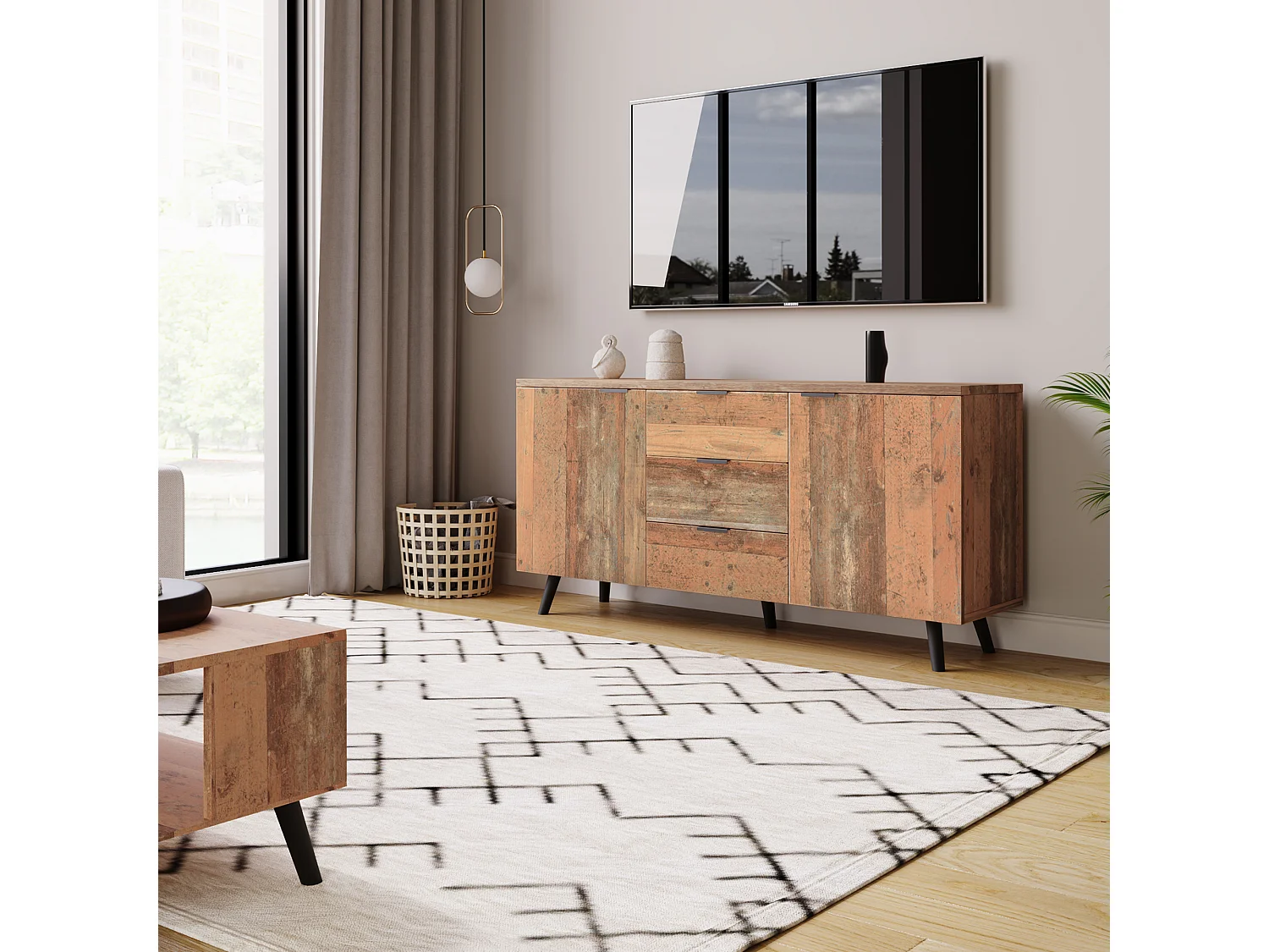 Meuble TV bahut 140x35x70 cm, 3 tiroirs, étagères réglables et amovibles, panneaux de particules, brun antique