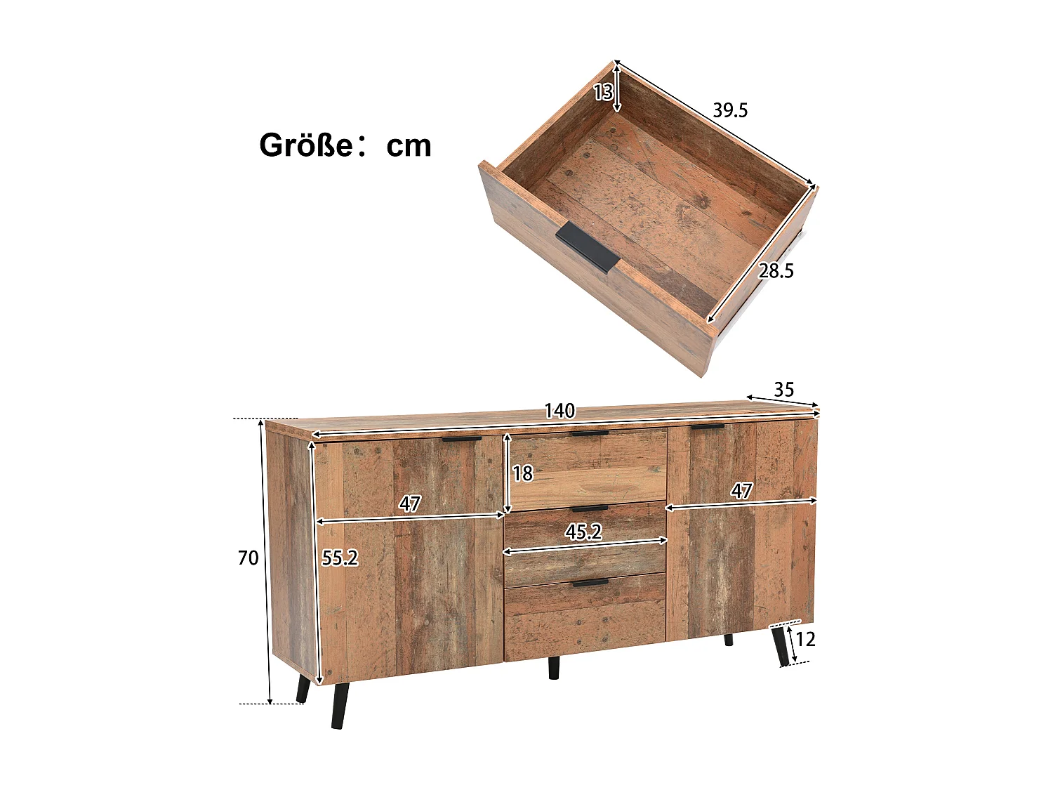 Meuble TV bahut 140x35x70 cm, 3 tiroirs, étagères réglables et amovibles, panneaux de particules, brun antique