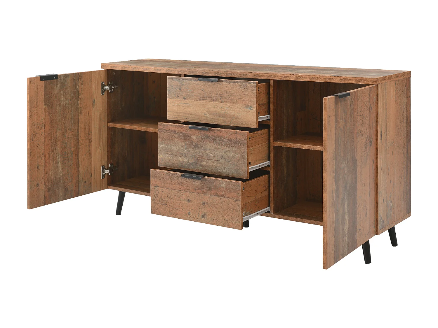 Meuble TV bahut 140x35x70 cm, 3 tiroirs, étagères réglables et amovibles, panneaux de particules, brun antique