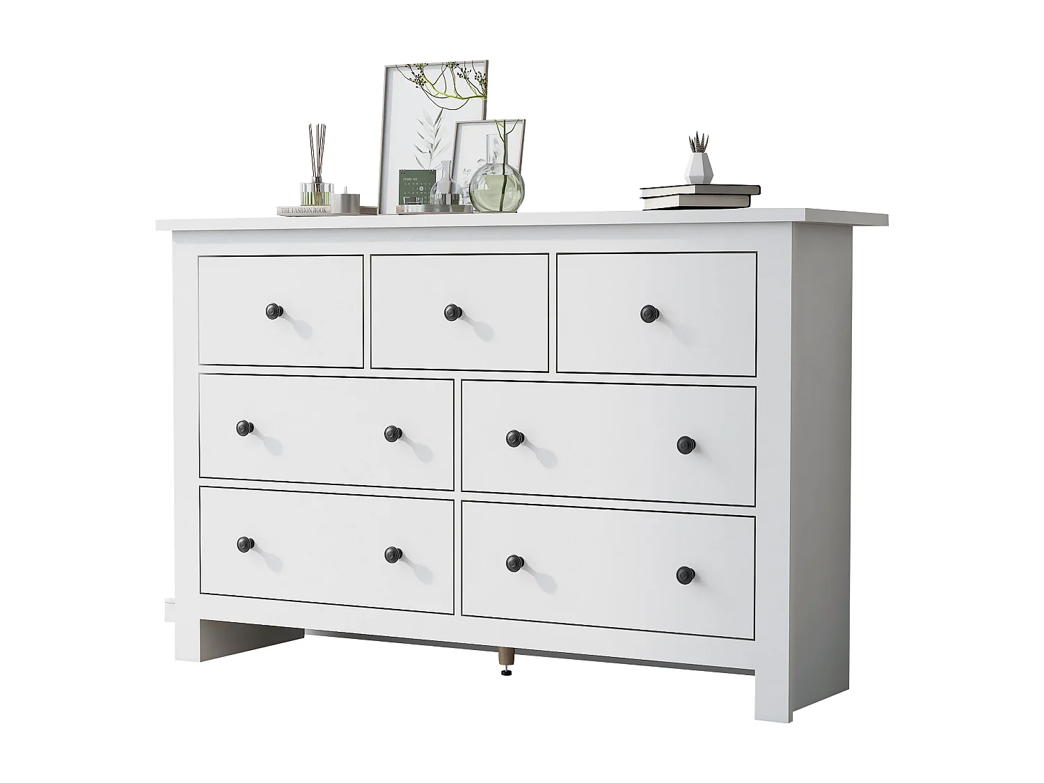 Buffet 152x40x88.5 cm, 7 tiroirs, grand espace de rangement, glissières fluides, panneaux de particules blanc