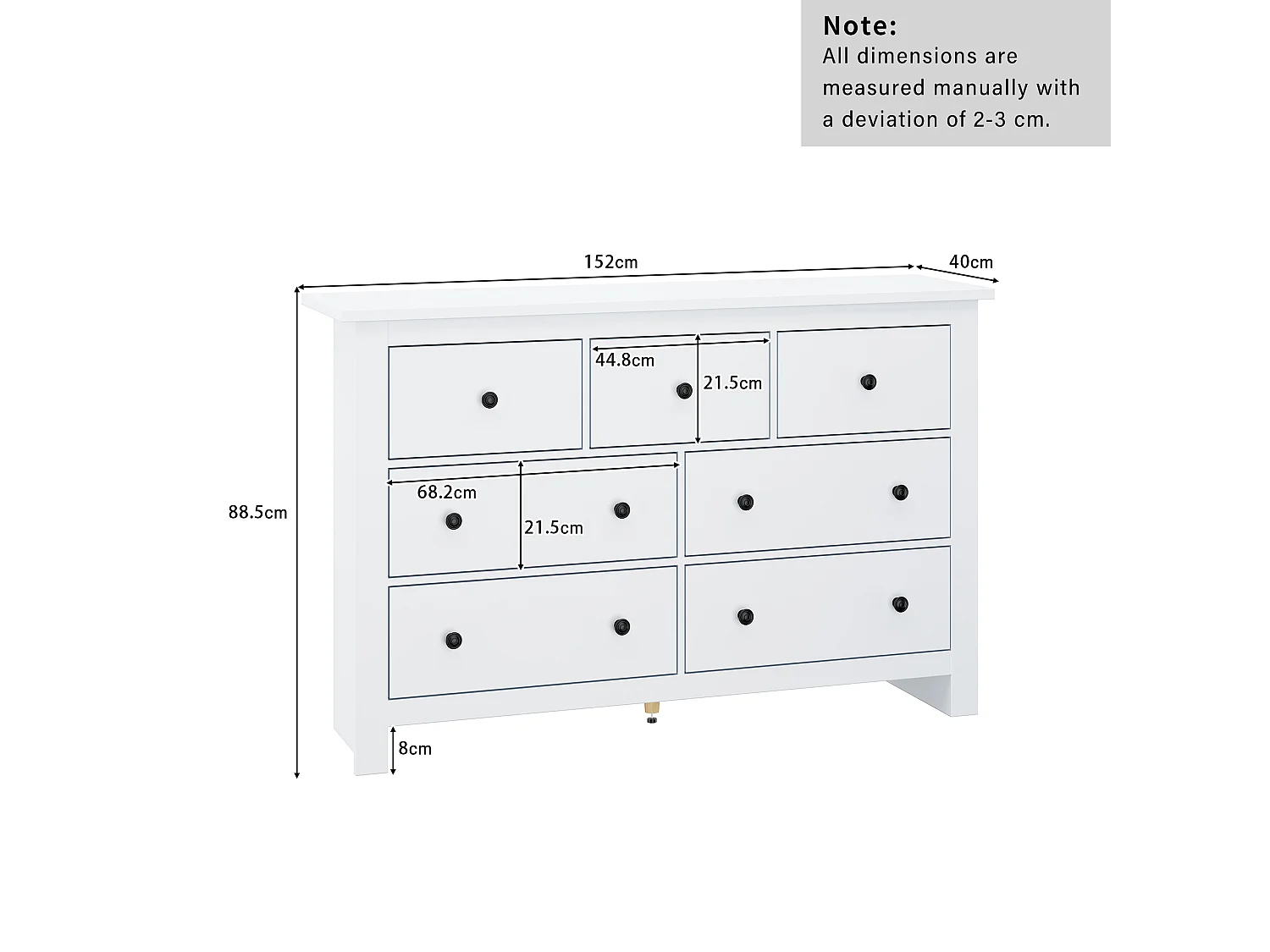 Buffet 152x40x88.5 cm, 7 tiroirs, grand espace de rangement, glissières fluides, panneaux de particules blanc