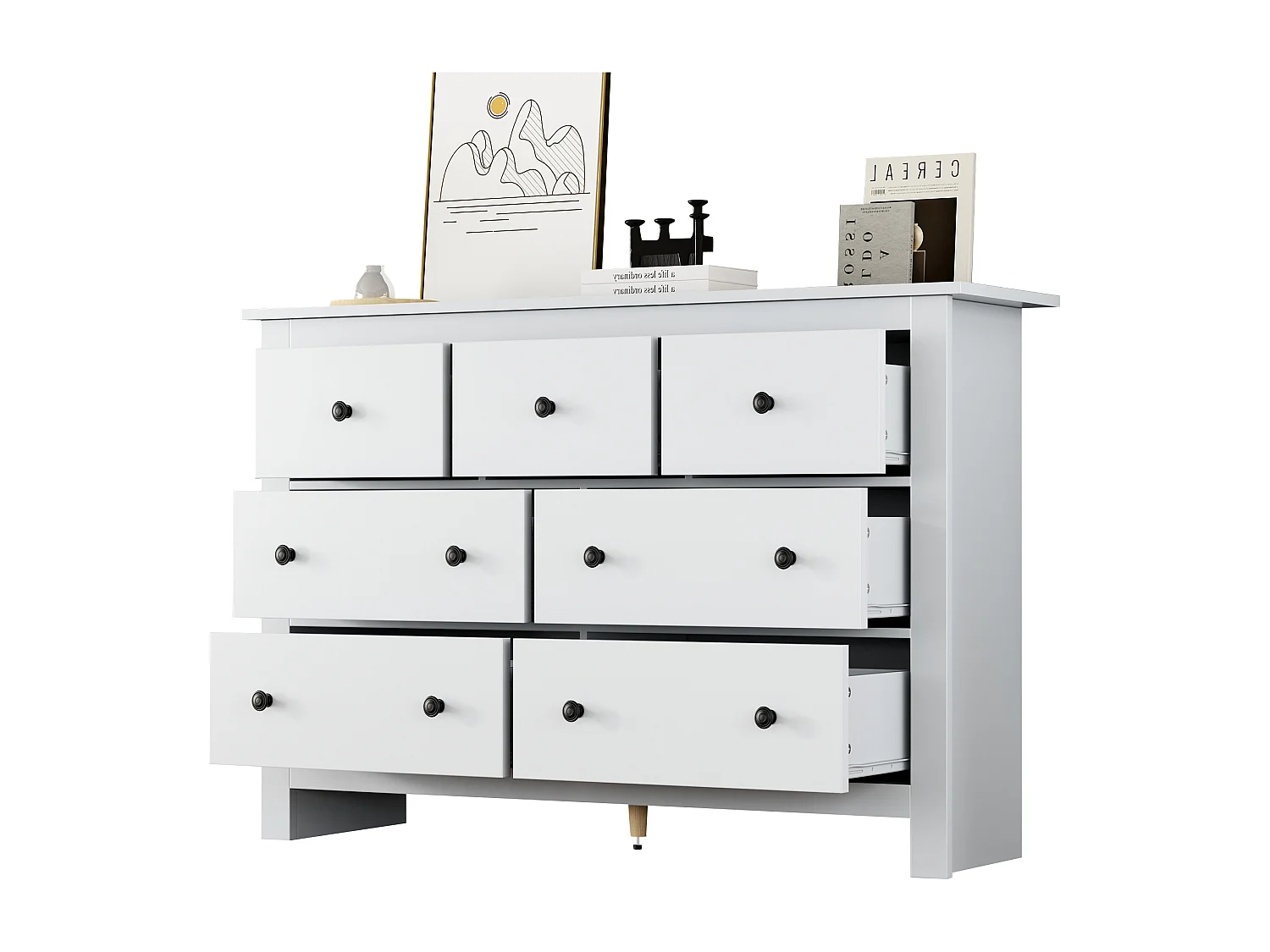 Buffet 152x40x88.5 cm, 7 tiroirs, grand espace de rangement, glissières fluides, panneaux de particules blanc