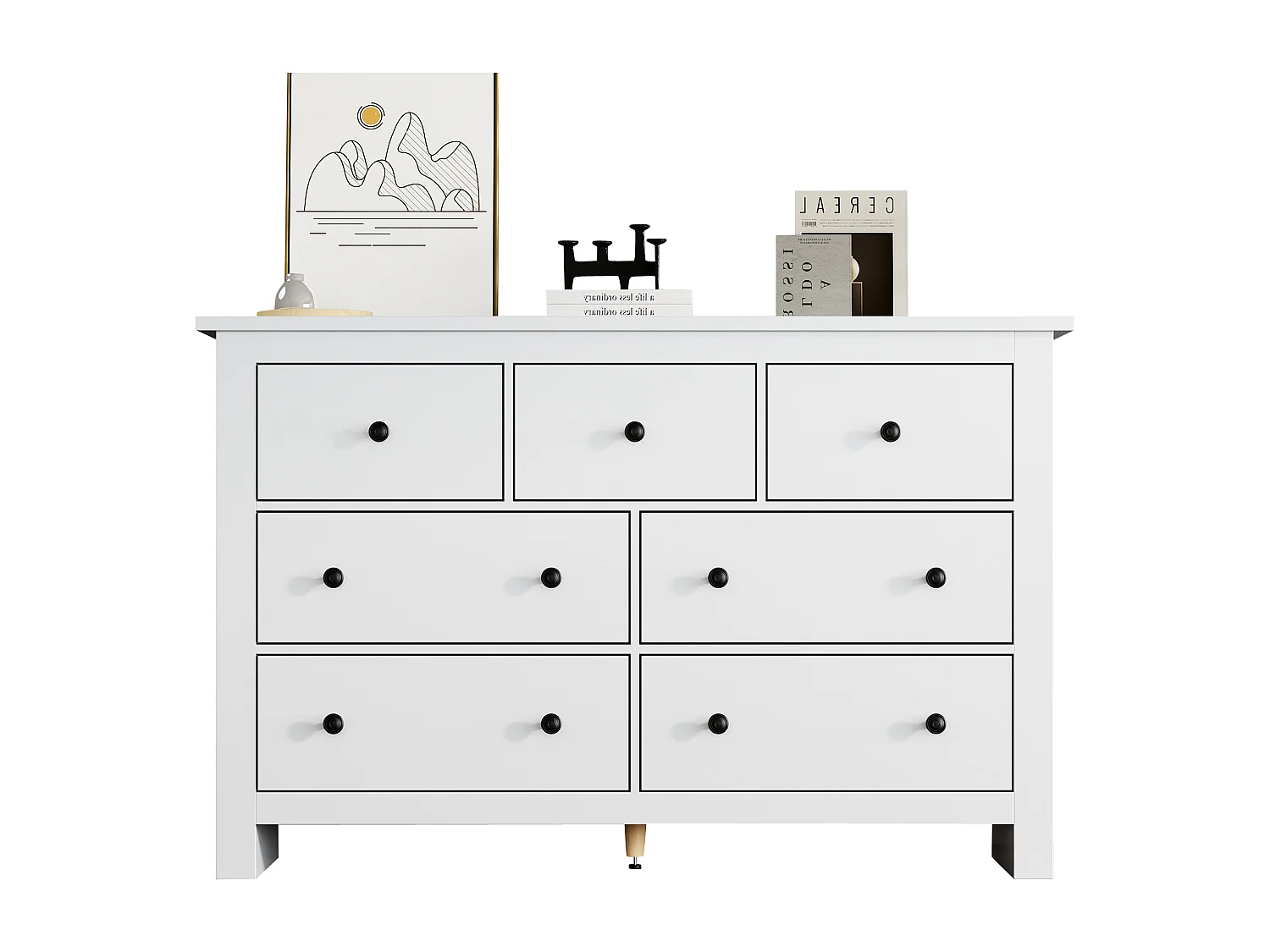 Buffet 152x40x88.5 cm, 7 tiroirs, grand espace de rangement, glissières fluides, panneaux de particules blanc