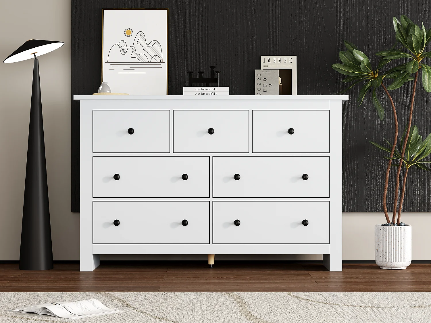 Buffet 152x40x88.5 cm, 7 tiroirs, grand espace de rangement, glissières fluides, panneaux de particules blanc