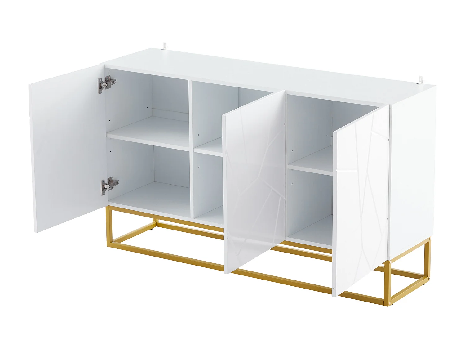 Buffet 130x38x76 cm, design rainuré brillant, 3 portes avec étagères réglables, panneaux de particules blanc et doré