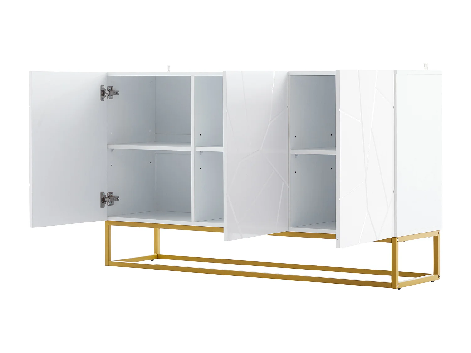 Buffet 130x38x76 cm, design rainuré brillant, 3 portes avec étagères réglables, panneaux de particules blanc et doré