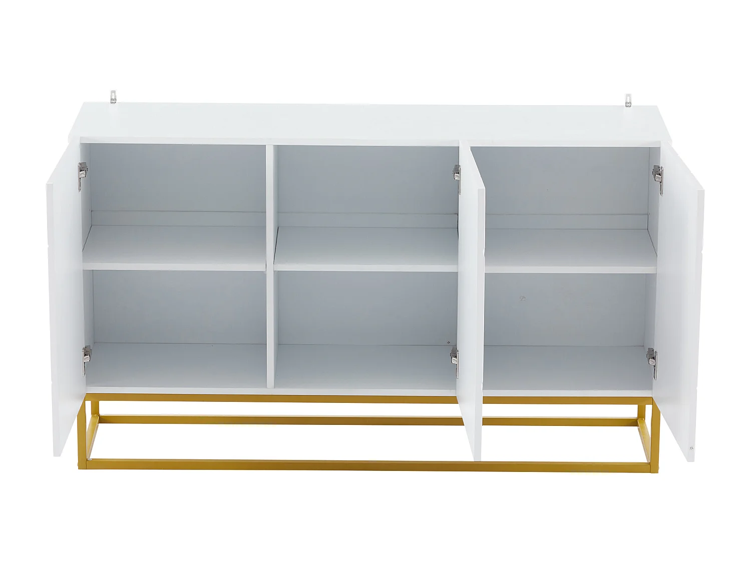 Buffet 130x38x76 cm, design rainuré brillant, 3 portes avec étagères réglables, panneaux de particules blanc et doré