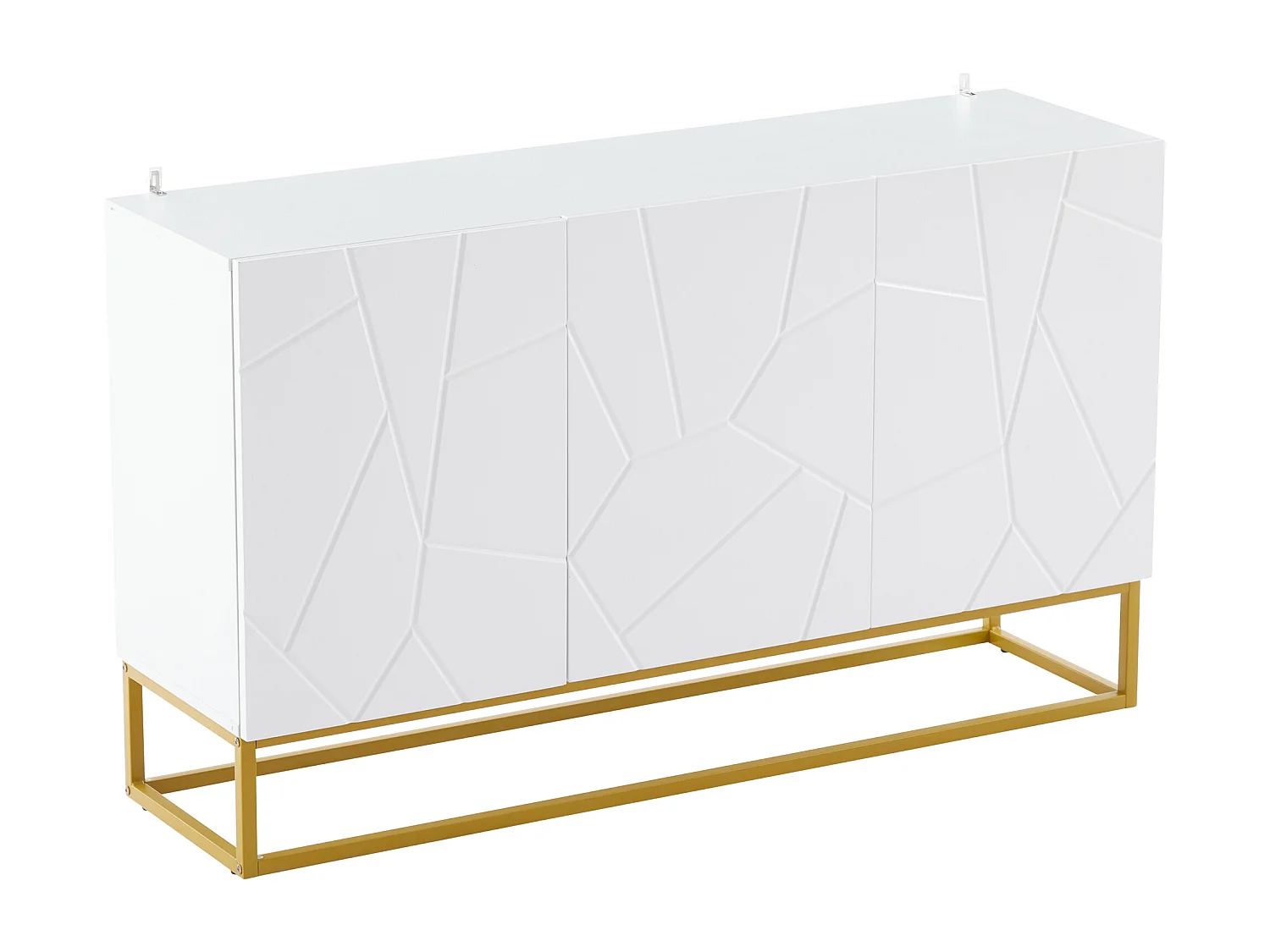 Buffet 130x38x76 cm, design rainuré brillant, 3 portes avec étagères réglables, panneaux de particules blanc et doré