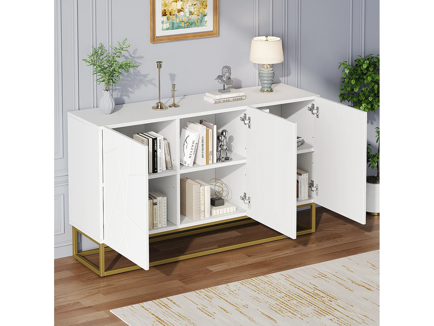 Buffet 130x38x76 cm, design rainuré brillant, 3 portes avec étagères réglables, panneaux de particules blanc et doré