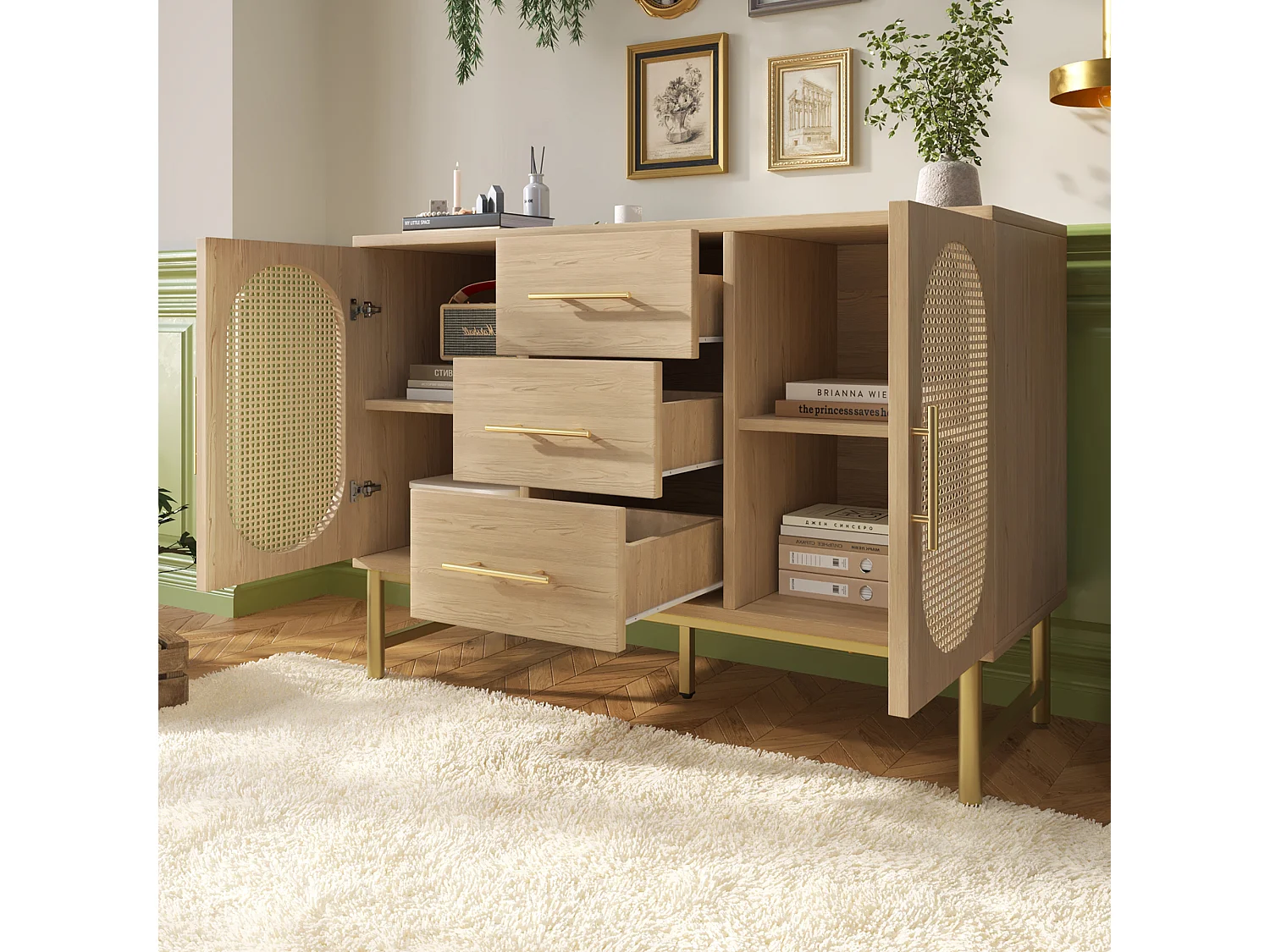 Buffet 120x40x74 cm 2 portes en rotin 3 tiroirs - meuble de rangement bois - chêne