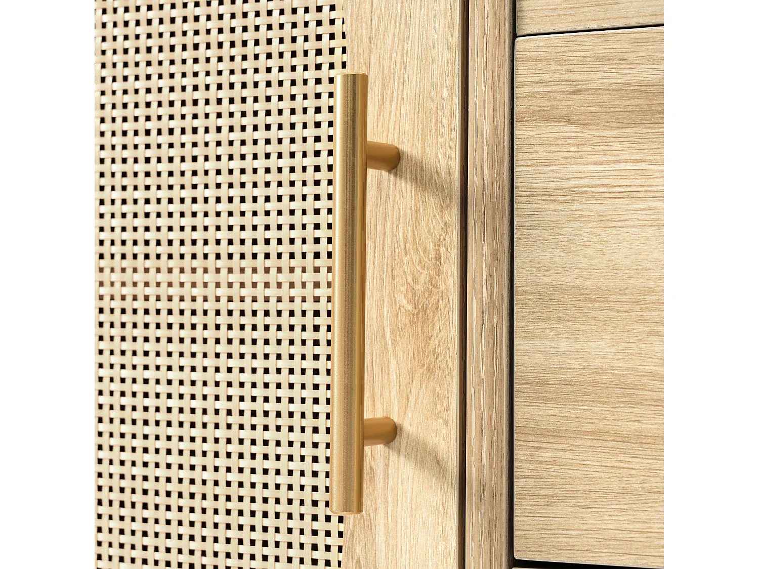 Buffet 120x40x74 cm 2 portes en rotin 3 tiroirs - meuble de rangement bois - chêne