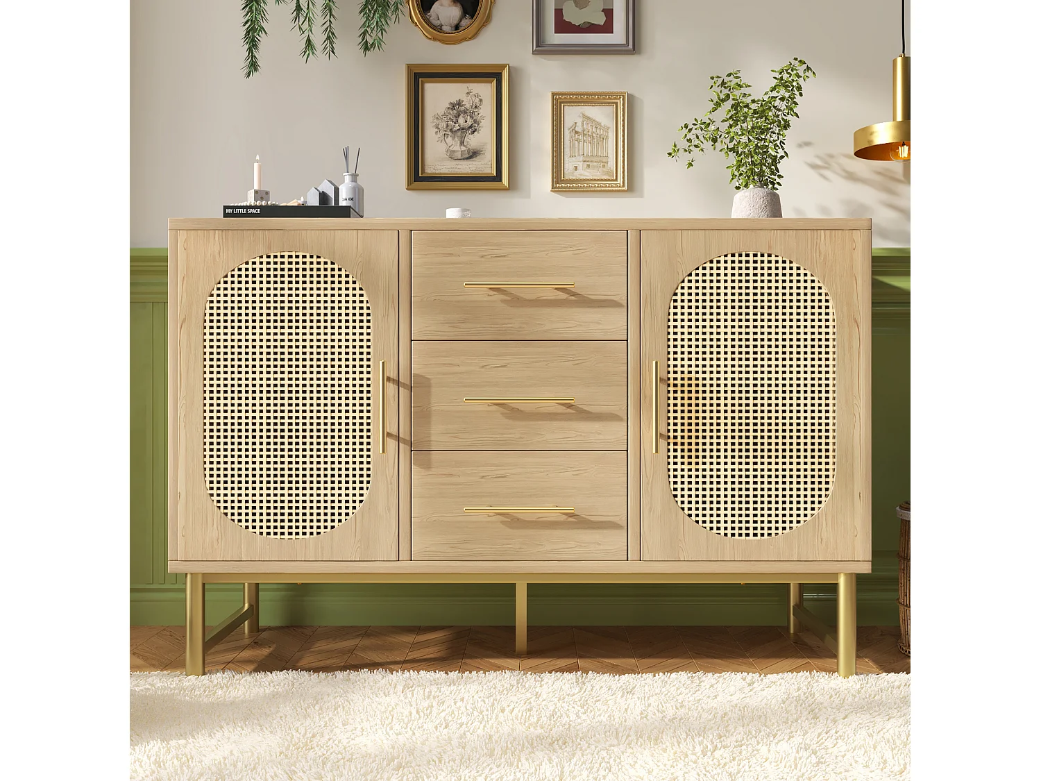 Buffet 120x40x74 cm, 3 tiroirs et 2 portes, étagère réglable, métal et panneaux de particules, chêne Sonoma