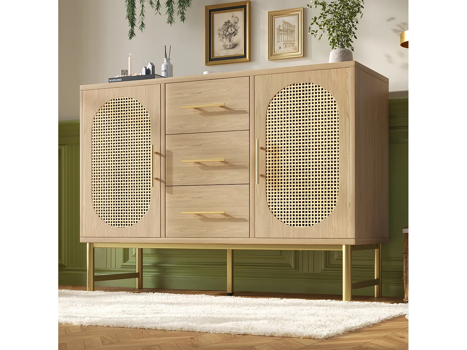 Buffet 120x40x74 cm, 3 tiroirs et 2 portes, étagère réglable, métal et panneaux de particules, chêne Sonoma