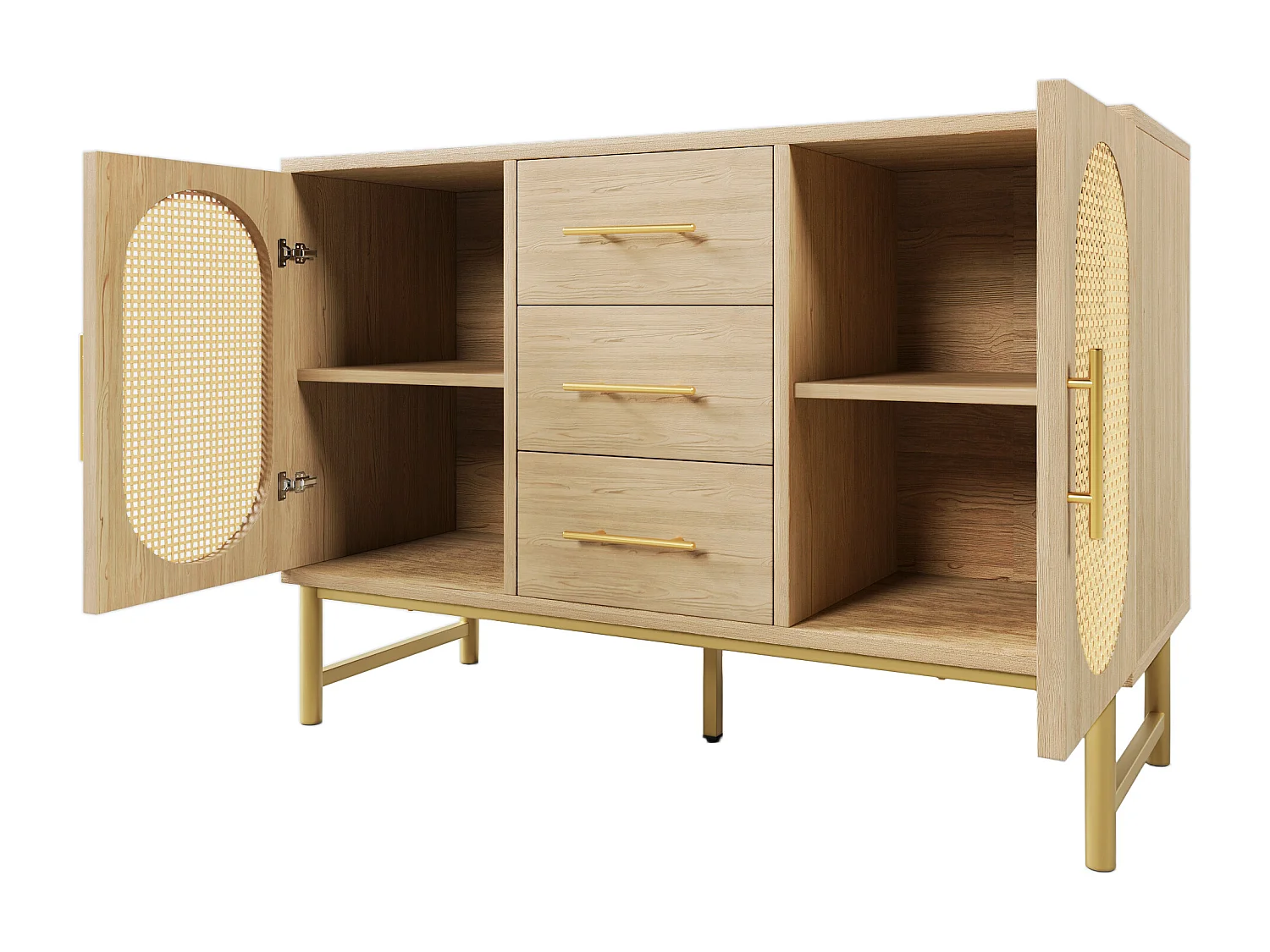 Buffet 120x40x74 cm, 3 tiroirs et 2 portes, étagère réglable, métal et panneaux de particules, chêne Sonoma