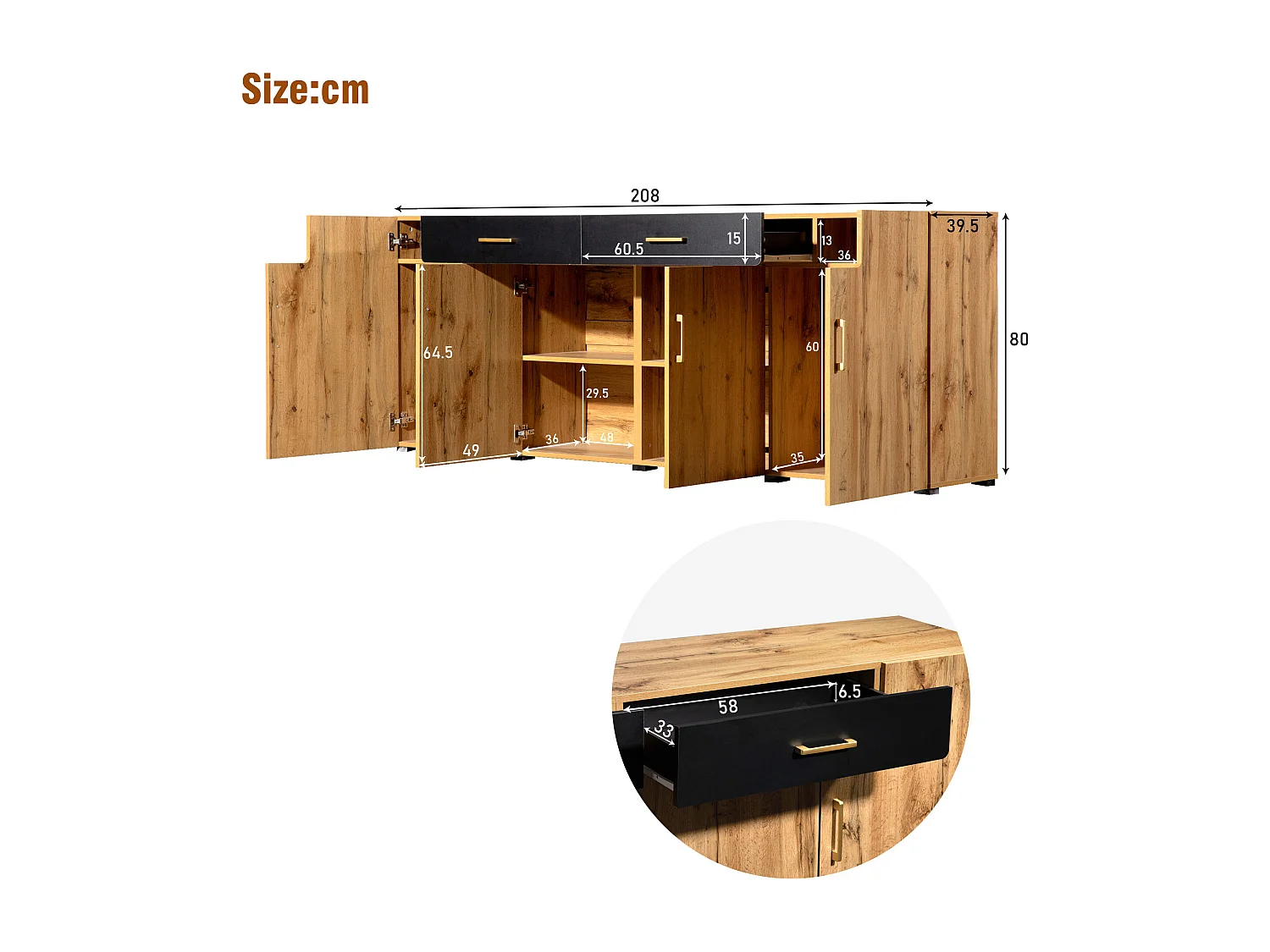 Buffet 208x39.5x80 cm, 4 portes et 2 tiroirs, grand rangement, panneaux de particules et PVC, marron