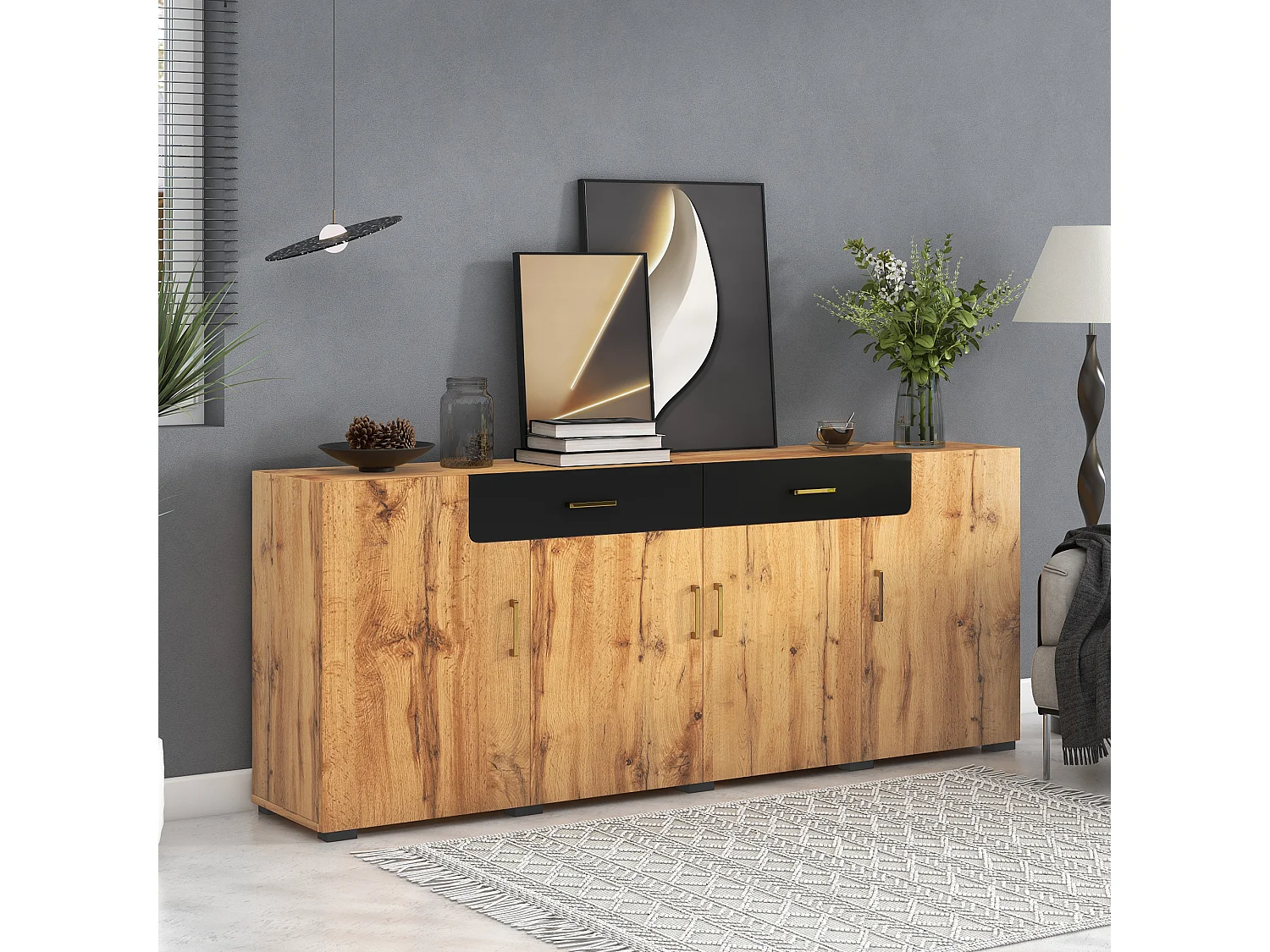 Buffet 208x39.5x80 cm, 4 portes et 2 tiroirs, grand rangement, panneaux de particules et PVC, marron