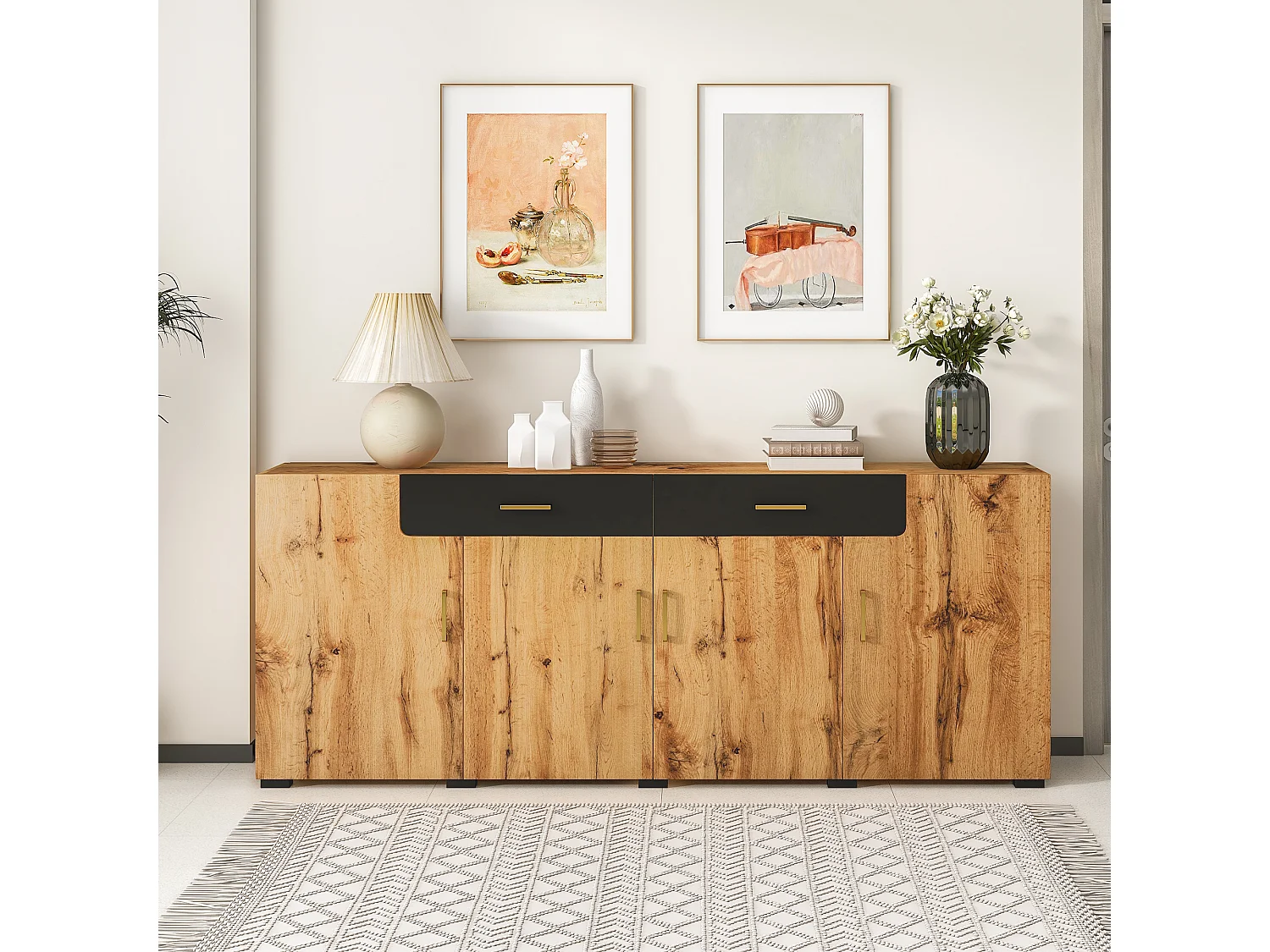Buffet 208x39.5x80 cm, 4 portes et 2 tiroirs, grand rangement, panneaux de particules et PVC, marron