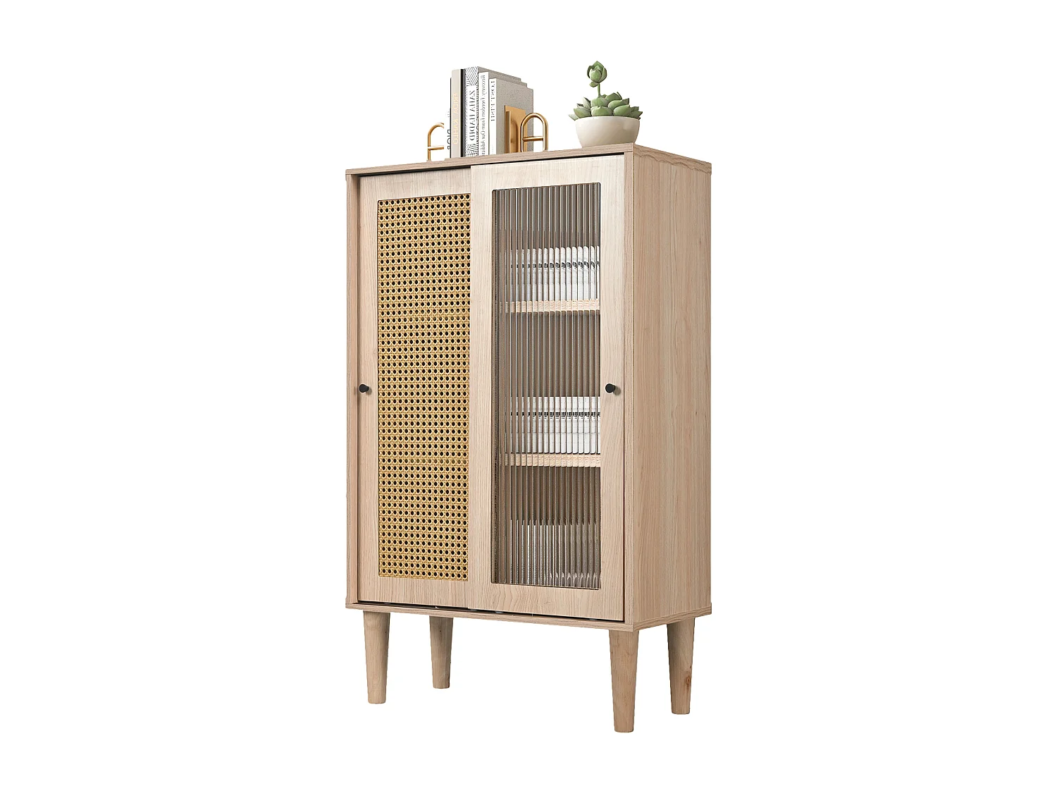 Buffet 60x40x100 cm, 2 portes coulissantes, 6 compartiments, étagère réglable, panneaux de particules décor chêne