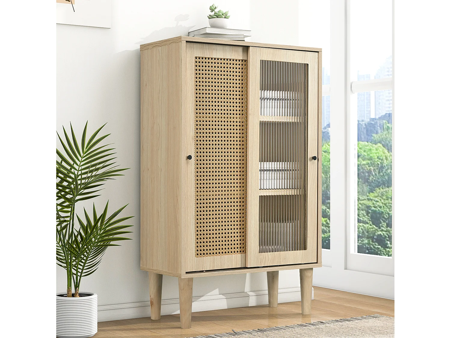 Buffet 60x40x100 cm, 2 portes coulissantes, 6 compartiments, étagère réglable, panneaux de particules décor chêne