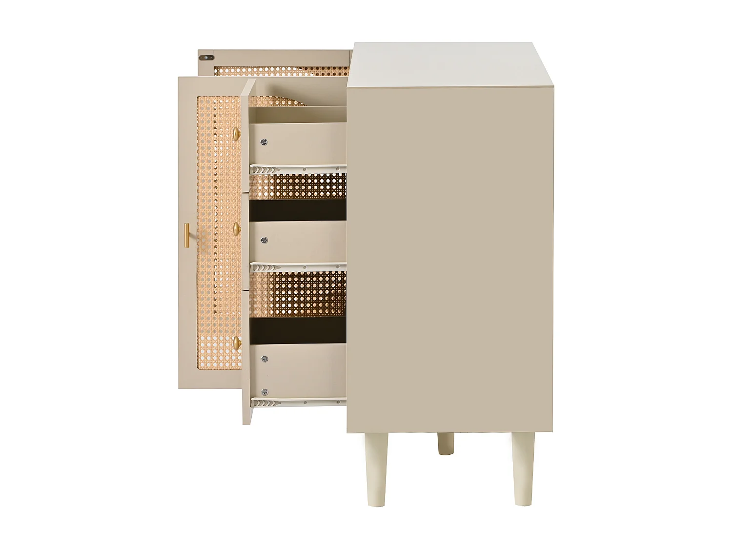 Buffet 120x40x82.5 cm avec 2 portes en rotin 3 tiroirs - meuble de rangement - bois - crème