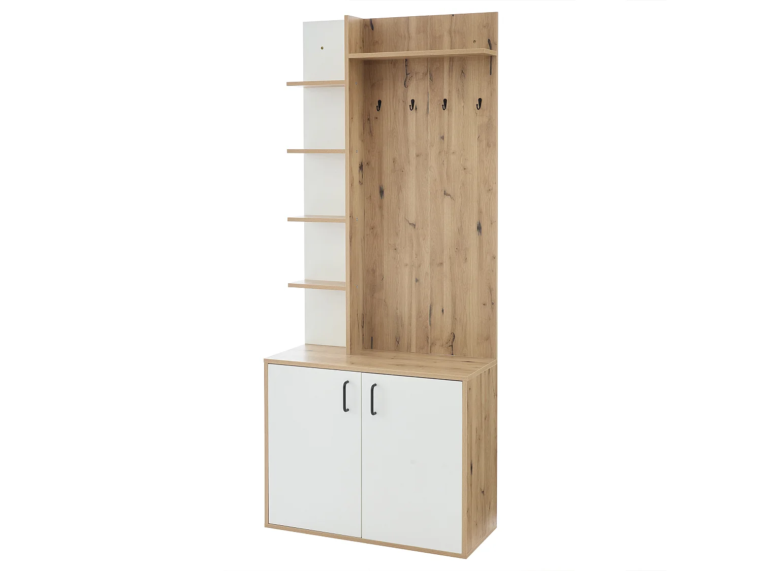 Meuble d'entrée 75x33x180 cm, 6 étagères ouvertes et 1 placard fermé, rangement chaussures, panneaux de particules, bois naturel et blanc