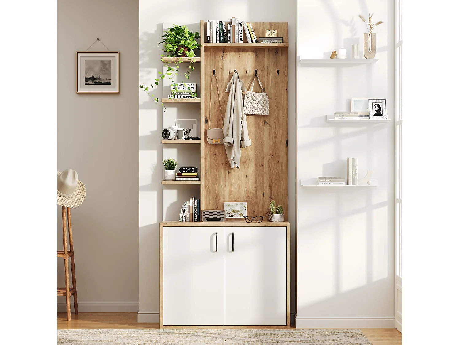 Meuble d'entrée 75x33x180 cm, 6 étagères ouvertes et 1 placard fermé, rangement chaussures, panneaux de particules, bois naturel et blanc