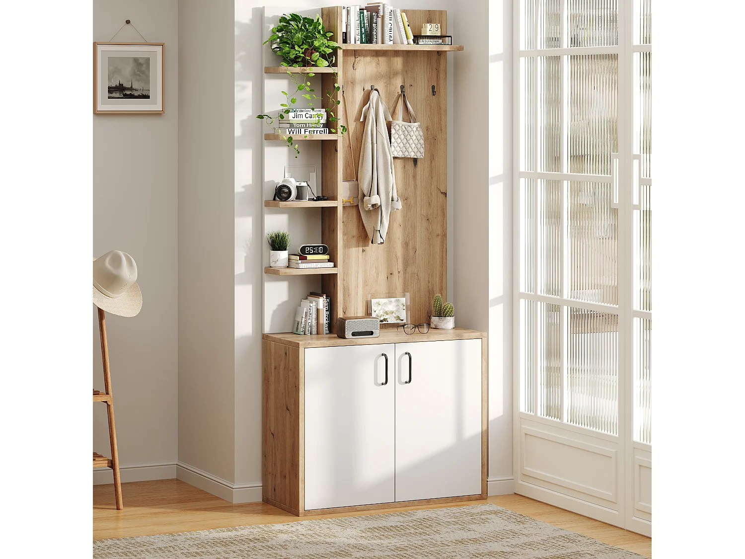Meuble d'entrée 75x33x180 cm, 6 étagères ouvertes et 1 placard fermé, rangement chaussures, panneaux de particules, bois naturel et blanc