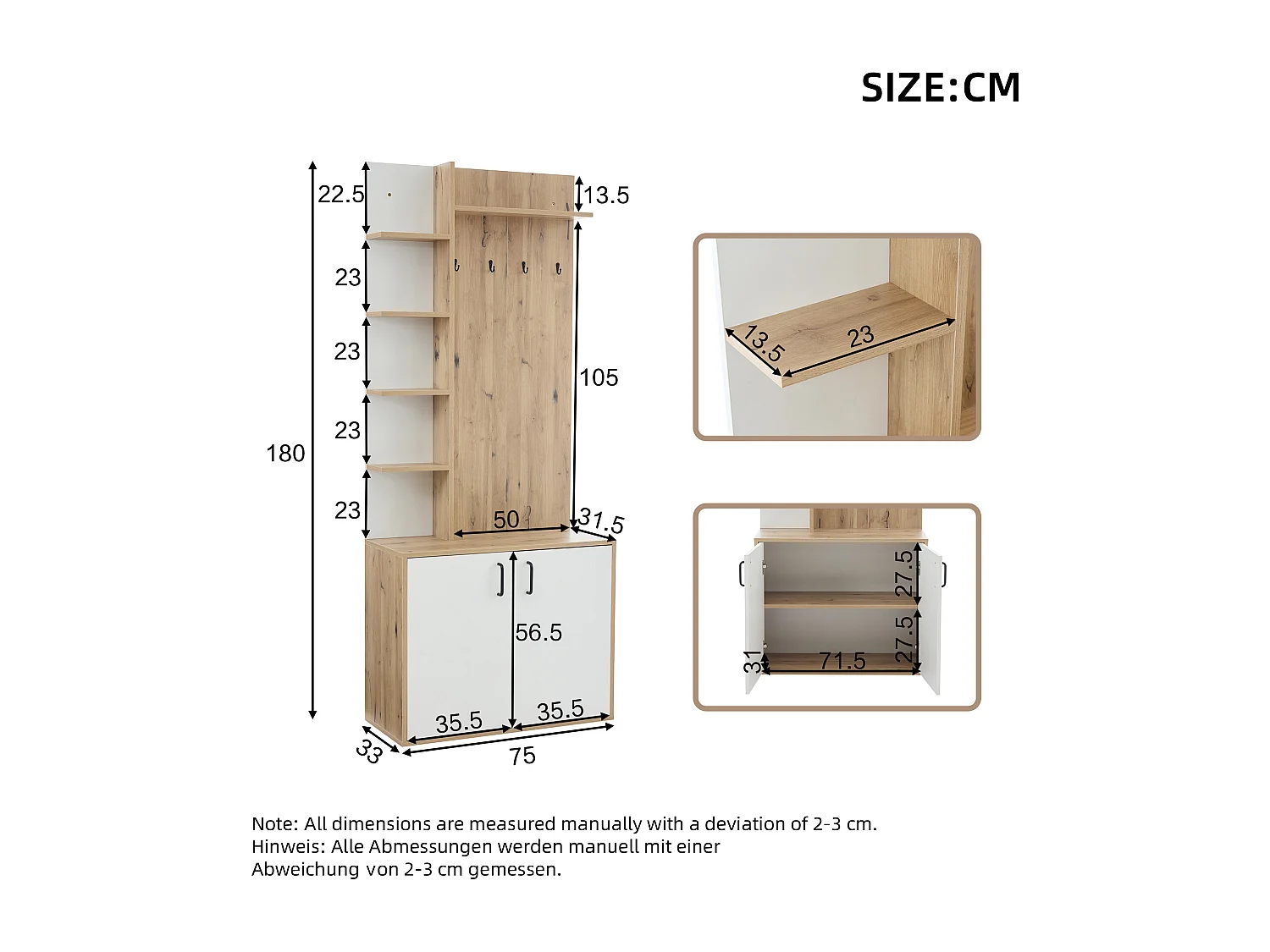 Meuble d'entrée 75x33x180 cm, 6 étagères ouvertes et 1 placard fermé, rangement chaussures, panneaux de particules, bois naturel et blanc