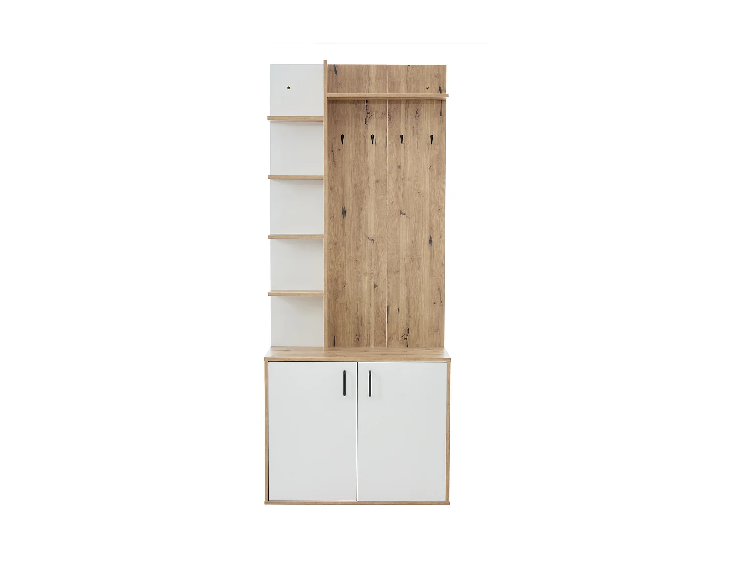 Meuble d'entrée 75x33x180 cm, 6 étagères ouvertes et 1 placard fermé, rangement chaussures, panneaux de particules, bois naturel et blanc
