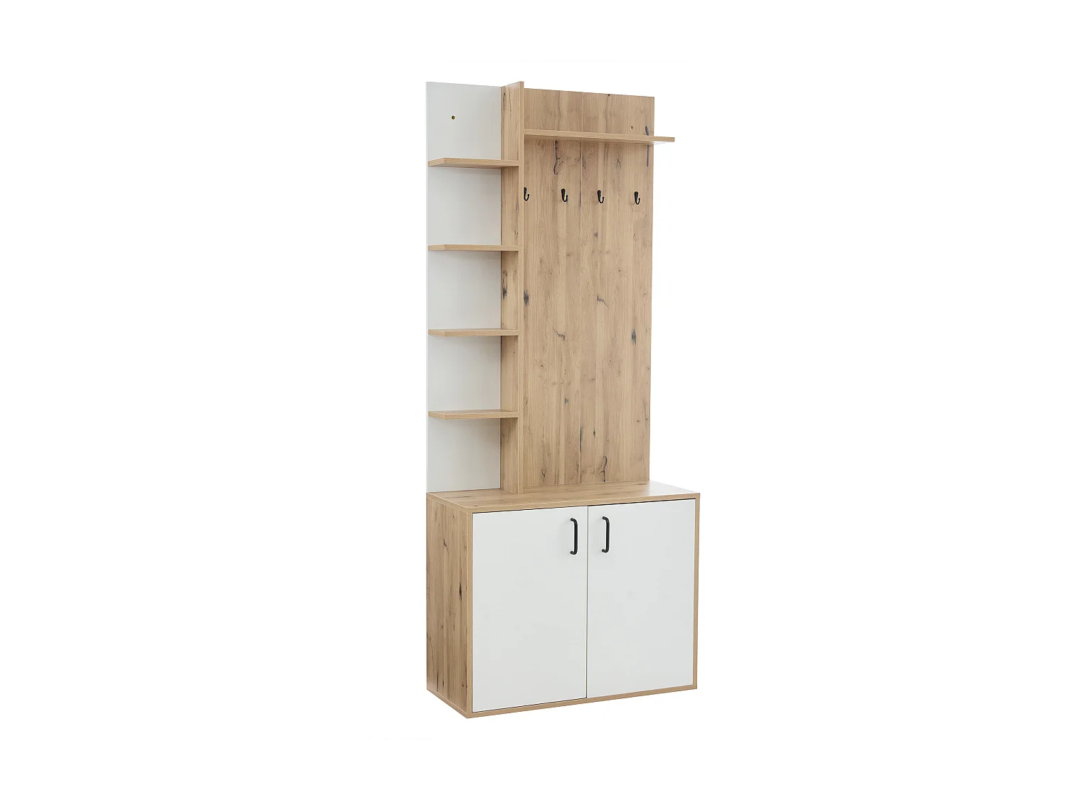 Meuble d'entrée 75x33x180 cm, 6 étagères ouvertes et 1 placard fermé, rangement chaussures, panneaux de particules, bois naturel et blanc