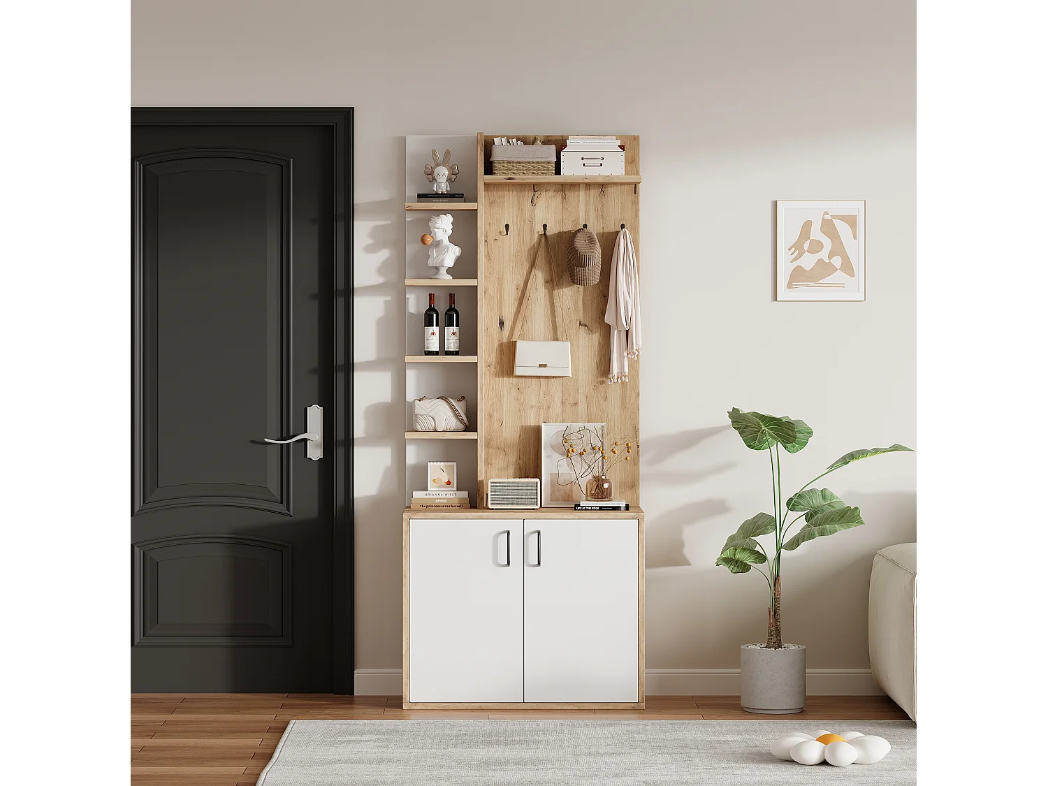 Meuble d'entrée 75x33x180 cm, 6 étagères ouvertes et 1 placard fermé, rangement chaussures, panneaux de particules, bois naturel et blanc