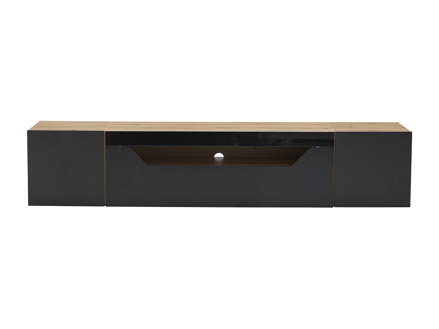 Meuble TV 180x35x30 cm suspendu LED salon avec 3 portes et rangement - bois - couleur naturel et noir