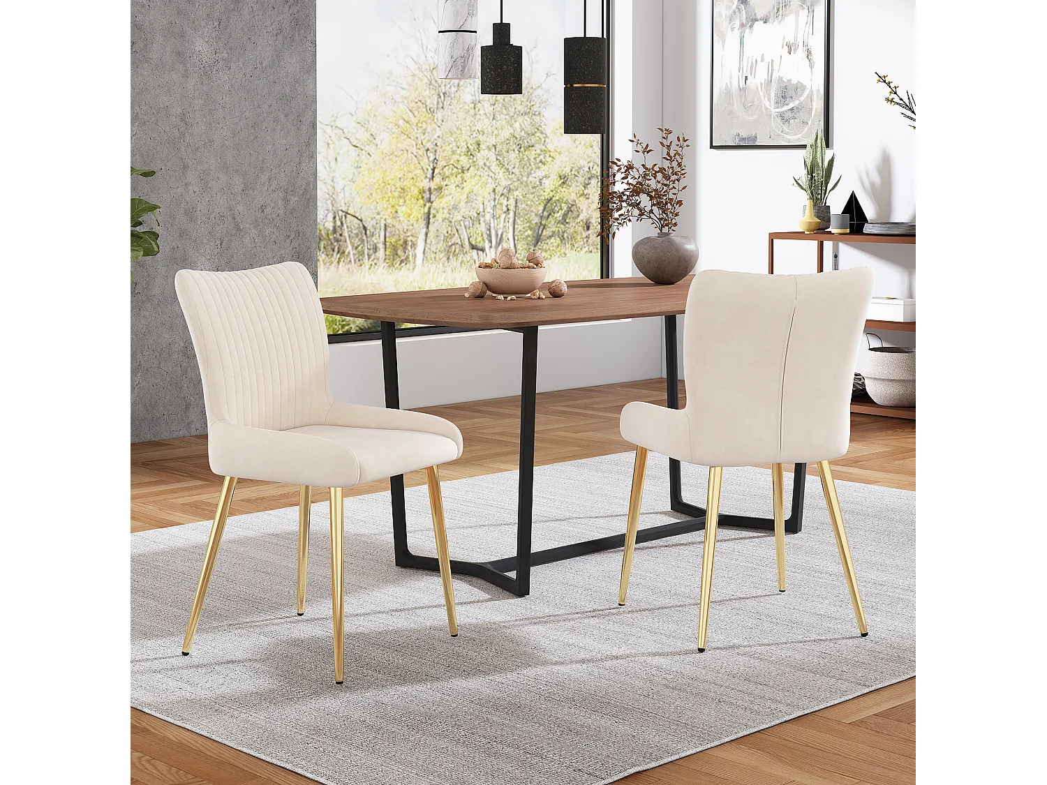 Lot de 2 chaises de salle à manger, confort lounge, soutien lombaire, pieds en métal doré, velours beige