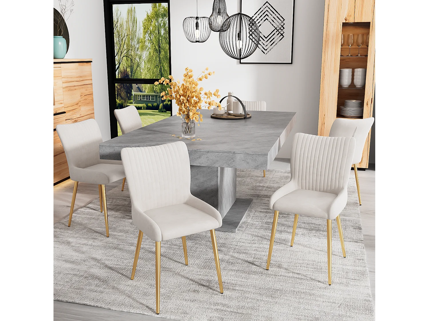 Lot de 2 chaises de salle à manger, confort lounge, soutien lombaire, pieds en métal doré, velours beige