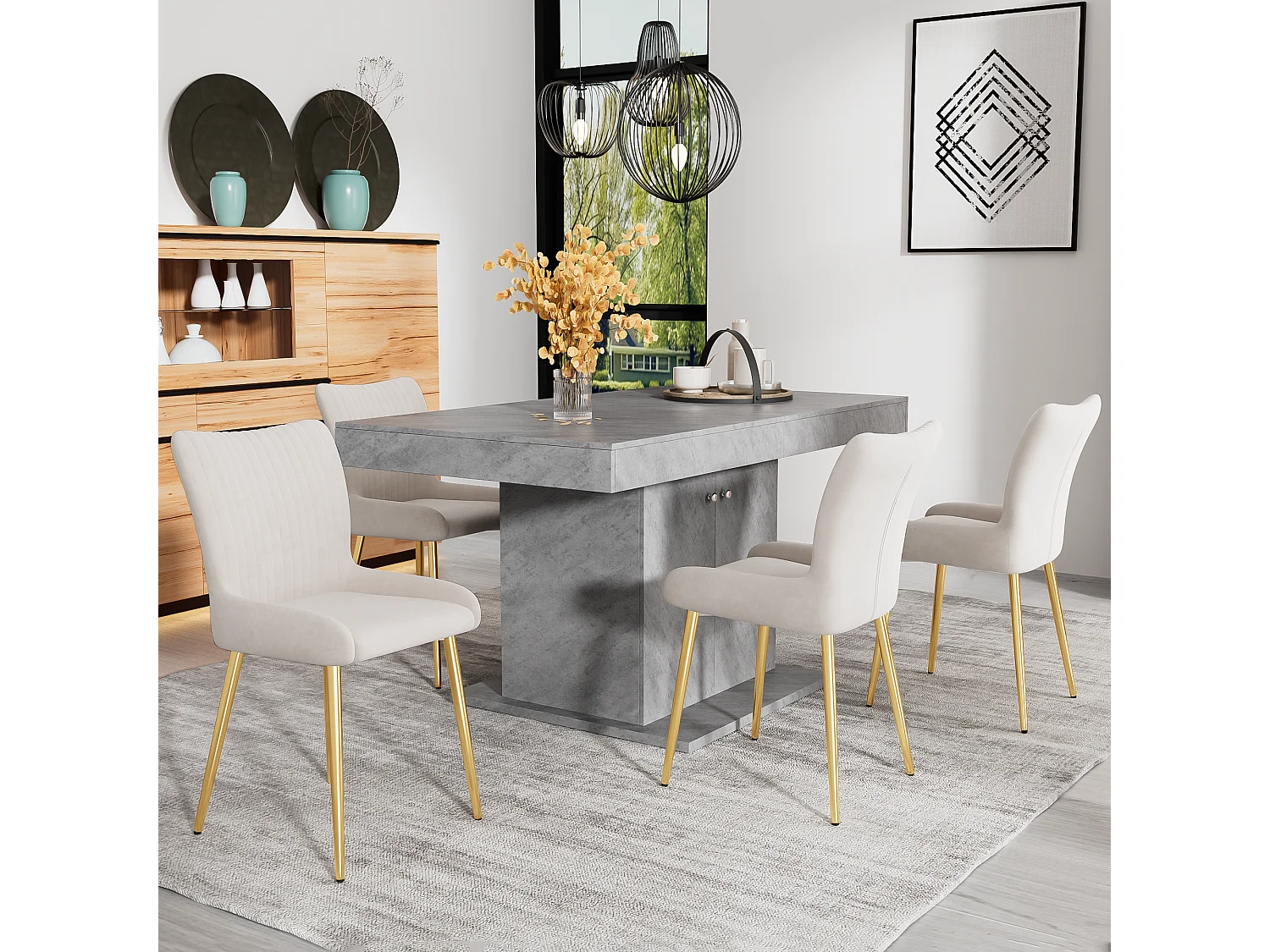 Lot de 2 chaises de salle à manger, confort lounge, soutien lombaire, pieds en métal doré, velours beige