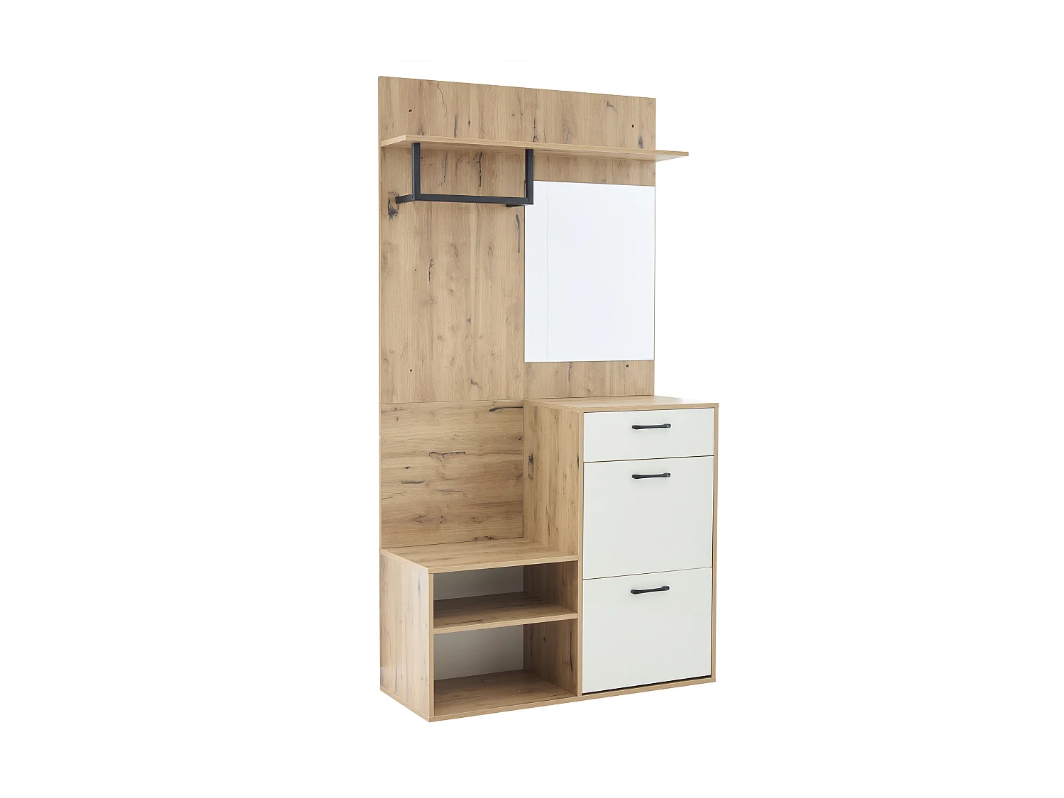 Vestiaire d'entrée 100x38.5x190 cm, miroir, banc à chaussures, 1 tiroir, panneau de particules, blanc et naturel