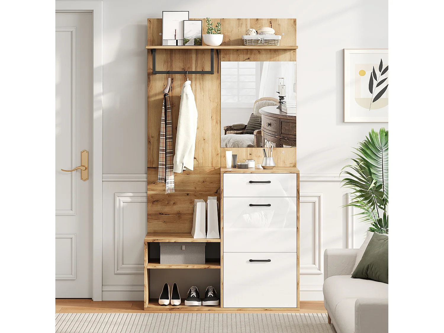 Vestiaire d'entrée 100x38.5x190 cm, miroir, banc à chaussures, 1 tiroir, panneau de particules, blanc et naturel